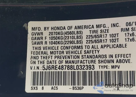 2008 Honda Cr-V Ex-L z USA, uszkodzony, nr VIN 5J6RE48788L032393